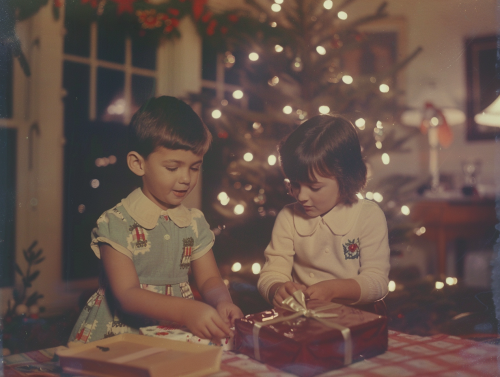 Polaroid Photo of Kids opening Christmas gifts in warmly lit room