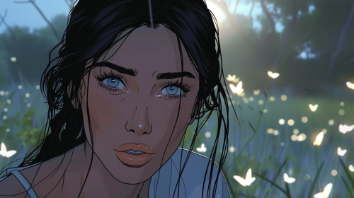 Kim Kardashian as anime character in Studio Ghibli style, upset, tranquil meadow, glowing fireflies, troubled expression.