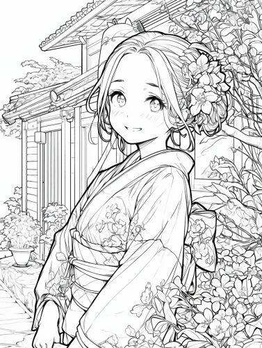 Kimono girl in a coloring book smiling widely.