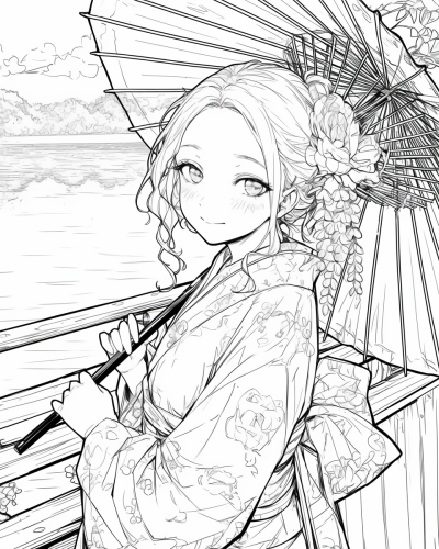 Kimono girl smiling by serene lakeside with parasol.