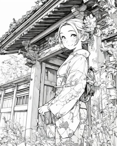 Kimono girl smiling in coloring book illustration.