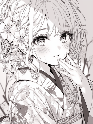 Kimono girl smiling in hot spring coloring book.