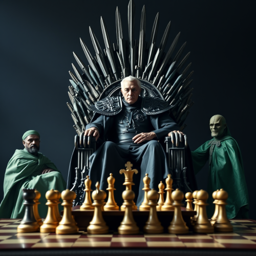 King on Targaryen Throne with Secretaries and Chess