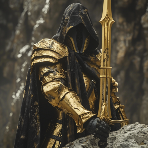 Knight in golden armor holding sword in rock