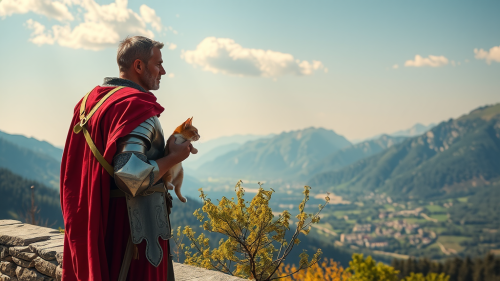 Knight with Cat Overlooking Mountainous City Landscape