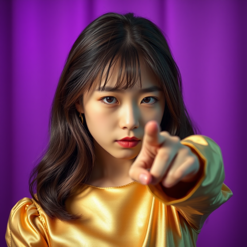 Korean Girl Pointing Finger in Gold Dress