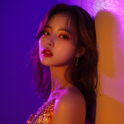 Korean girl, 19, serious look, in gold dress.