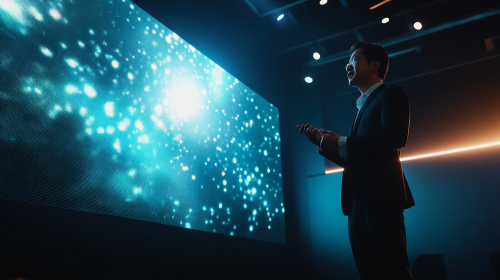 Korean man giving lecture on stage, focused expressions, screen glow.