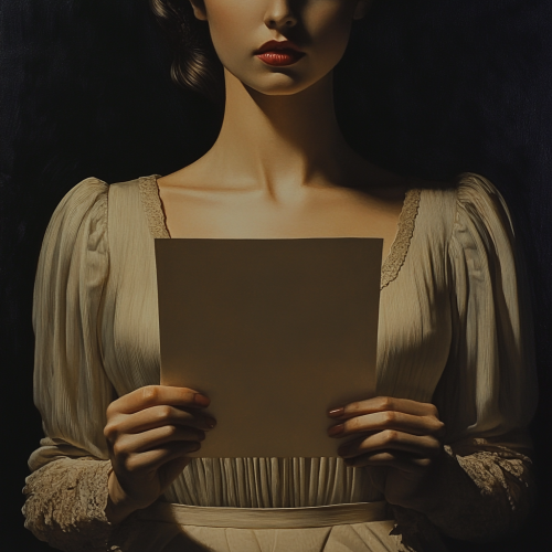 Lady in elegant dress holding paper, dark background.
