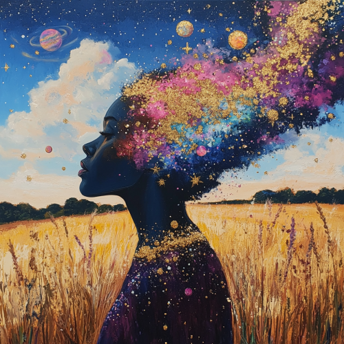 Lady in field with stars and colorful smoke galaxy