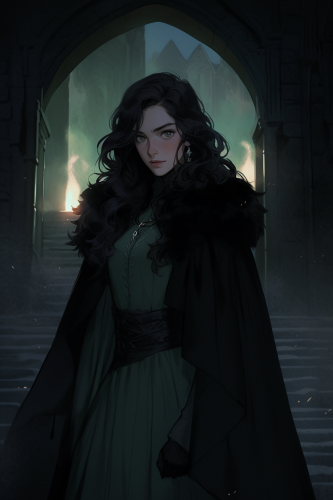 Lady of Winterfell in green dress at night.