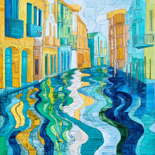 Landscape of gondoliers reflection in Venice waters, bright colors.