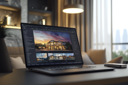 Laptop showing property listings on stylish desk