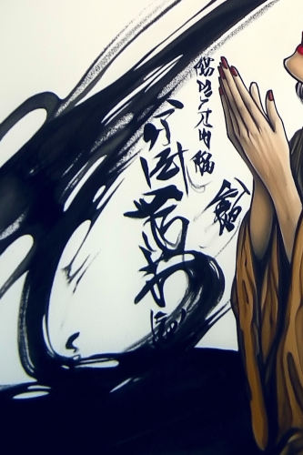 Large black stroke of ink with raccoon and fox.