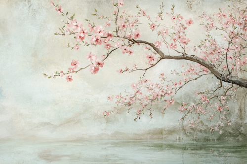 Large cherry blossom tree mural in serene setting.
