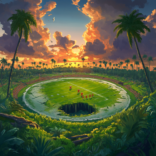 Large football field with higher outer edge. Lime water, palm and oak trees. Green swamp monsters. Storm clouds. Fortnite style.