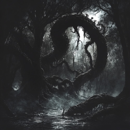 Large tentacle-like monster slashes tree in cypress swamp.