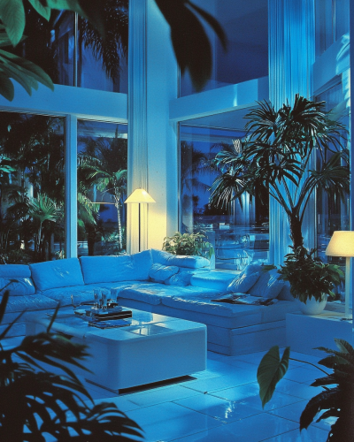Late 80s decor magazine, mansion living room, Miami night.