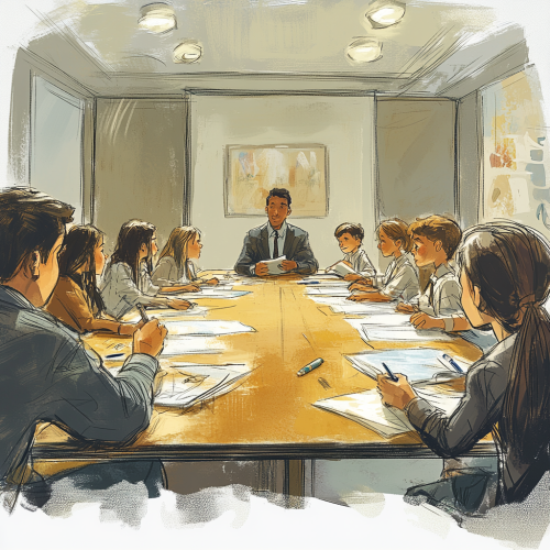 Latin man leads kids meeting, table messy notes