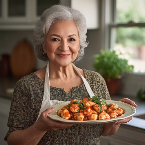 Latin woman showcasing tasty Chicken Escafe dish in kitchen. Latin woman showcasing tasty Chicken Escafe dish in kitchen.