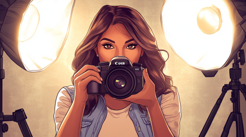 Latina woman in 30s takes photos in studio.