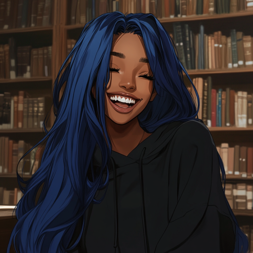 Laughing girl with blue hair in cozy library.