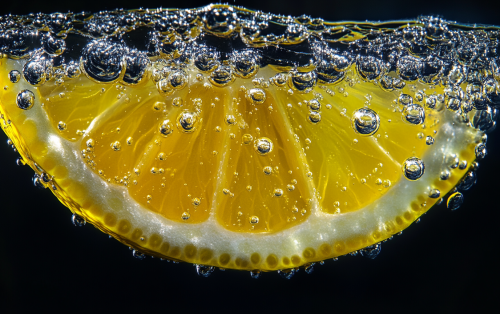Lemon slice close-up in sparkling water with bubbles.