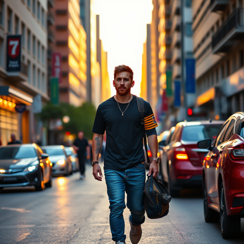 Leo Messi walking in city at sunset.