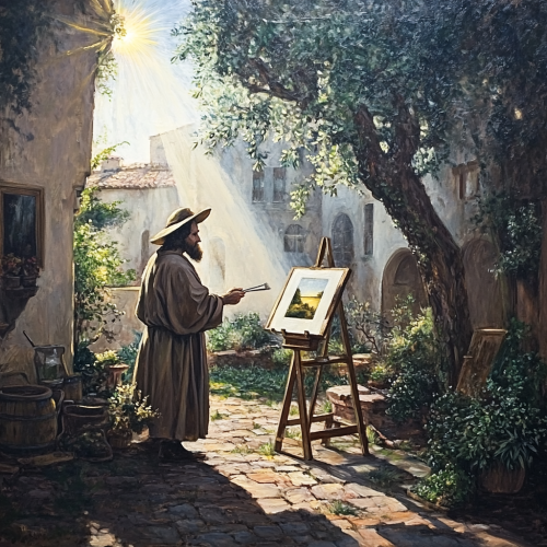 Leonardo Da Vinci painting sunlit courtyard landscape