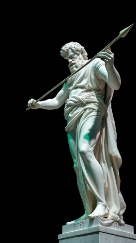Leonardo da Vinci Statue Aiming Spear in Green Light