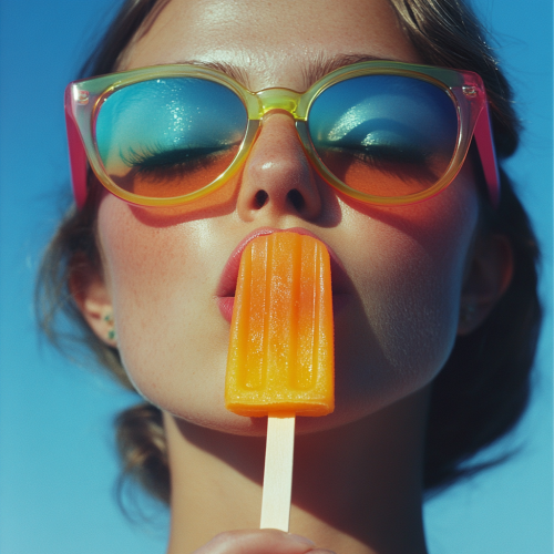 Licking popsicle wearing glasses, woman's face, blue background.