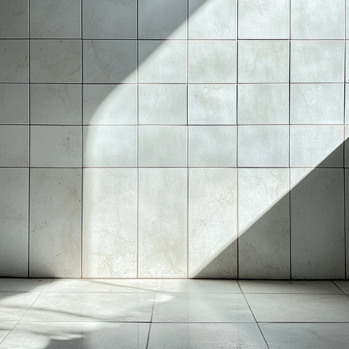 Light grey tiled bathroom wall and floor view