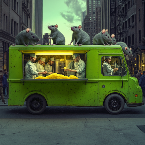 Lime green food truck with human-sized rat chefs serving cheese.