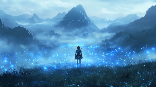 Link Exploring Dreamy Mountain Landscape with Blue Fireflies