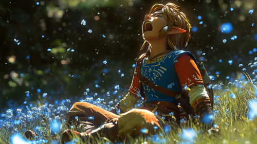 Link in colorful clothes kneeling in pain in grass