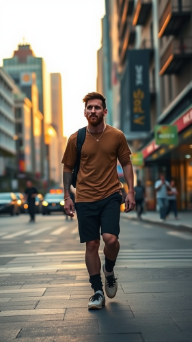 Lionel Messi walks in city, casual clothes, sunset.