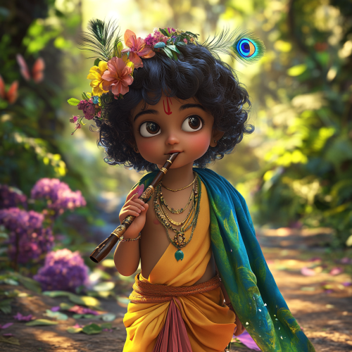 Little Krishna joyfully walks in enchanting forest.