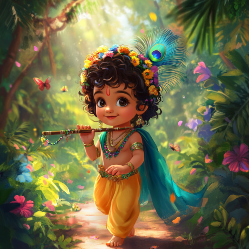 Little Krishna joyfully walks through mystical forest.