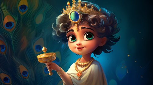 Little Lord Krishna with Peacock Feather and Flute.