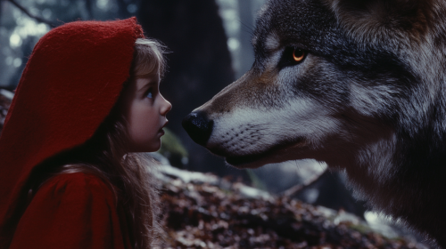 Little Red Riding Hood meets wolf in tense forest.