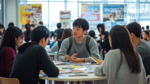 Lively indoor event in Japan promoting regional relocation.