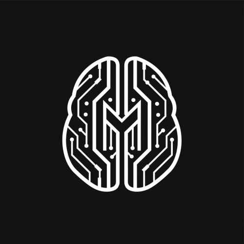 Logo: 'M' in brain with circuit board pattern integration