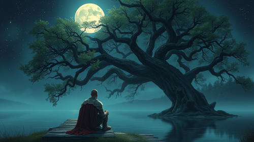 Lone Medieval Soldier Reflects by Lake at Night