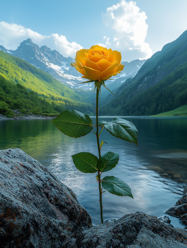 Lonely Yellow Rose in Green Forest and Lake