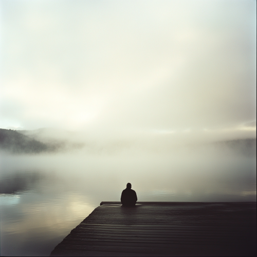 Lonely figure by lake, surrounded by mist