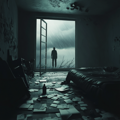 Lonely figure in messy room under stormy sky