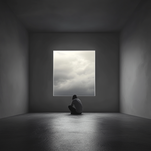 Lonely person in dark room hugging knees