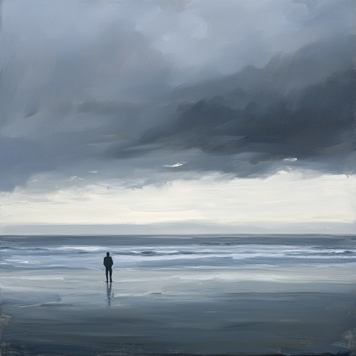 Lonely person on beach at dawn, gazing at sea