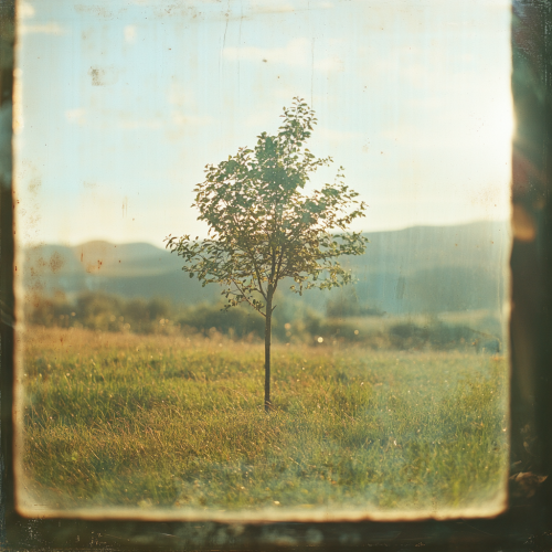 Lonely tree in field, seen through glass with effects.