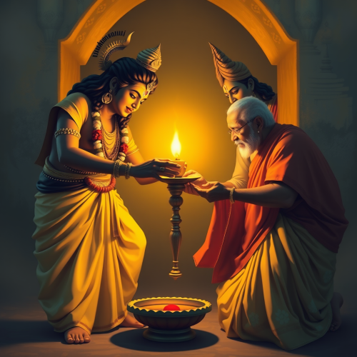 Lord Muruga and Shiva Helping Elderly Couple Light Vilakku